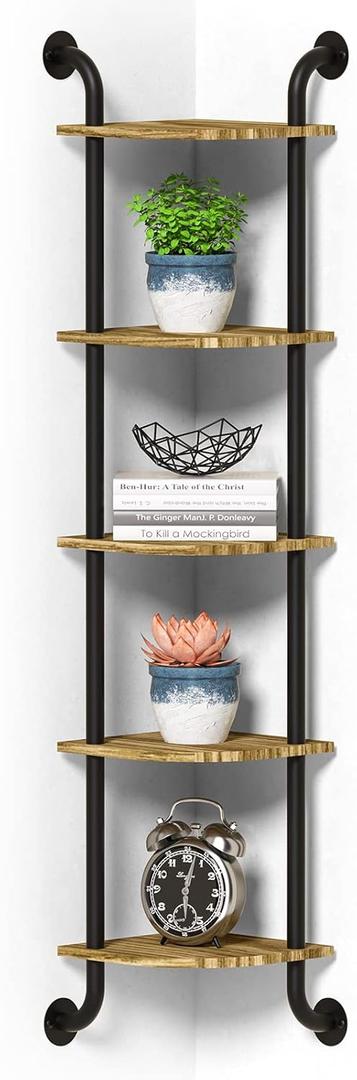 Corner Shelf Wall Mount 5-Tier, Wall Decor for Home Living Room Bedroom, Wall Corner Shelves Bookshelf, Rustic Industrial Pipe Shelves, Brown