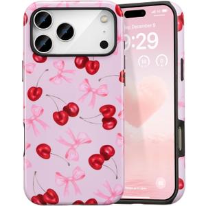 DEFBSC Case for iPhone 17 Pro Max, Cute Pink Bow Cherry Print Aesthetic Trendy Pattern for Women Girls Slim Durable Bumper Shockproof for iPhone 17 Pro Max Case, Pink Ribbon/Glossy