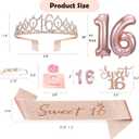 2 x Sweet 16 Birthday Party Decorations for Girls, Sweet 16 Sash and Tiara, Cake Toppers, Number Candles and Balloons, 16th Birthday Gifts for Girls