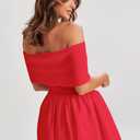 Atizon Women's Summer Off The Shoulder Mini Dress Casual Short Sleeve Trendy Cocktail Party A Line Dresses (Red)