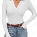 Womens Long Sleeve V Neck Polo Shirts Business Casual Collared Work Top Slim Fitted Basic 2025 Fall Outfit (Large, White)