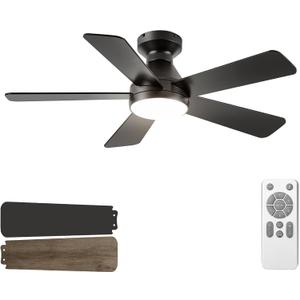 QUTWOB Ceiling Fans with Lights, 42 Inch Low Profile Ceiling Fan with Light and Remote Control, Flush Mount, Reversible, 3CCT, Dimmable, Quiet, Black Small Ceiling Fan for Bedroom Indoor/Outdoor Use