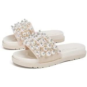 QLPOU Women's Pearl Platform Sandals Open Toe Slip-On Flatform Cute Slide Sandals for Casual Summer Beach with Soft Cushioned Footbed Size 240