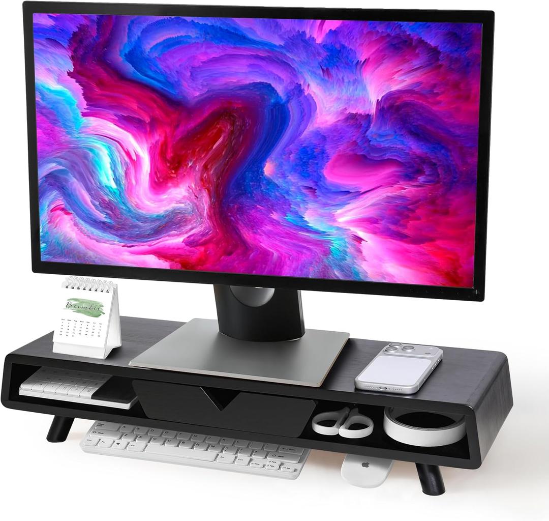Homerays Monitor Stand with Drawer, Exquisite Computer Monitor Stand for Desk, Ergonomic Wood Monitor Stand Riser for Computer,Laptop, Printer, TV, Bamboo, Black