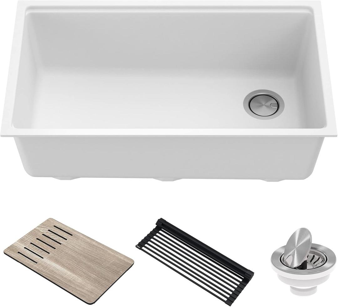 KRAUS Kitchen Sink Bellucci 32 Undermount Workstation Granite, Metallic White, Accessories, KGUW1-33WH
