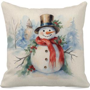 Winter Christmas Snowman Pillow Covers 18x18, Winter Home Decor, Holiday Snowy Christmas Red Scarf Snowman Decorative Throw Pillow Covers for Couch Bedroom Living Room