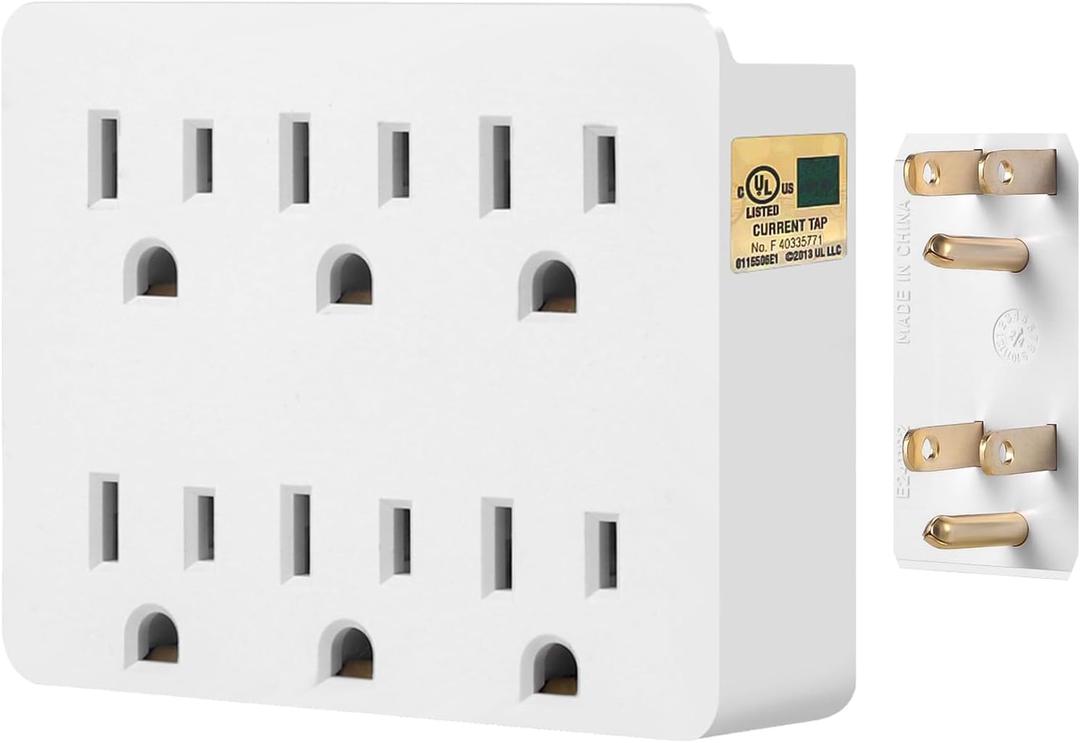 6 Outlet Wall Adapter, FiiMan UL Listed 3-Prong Grounded Outlet to The Side, Wall Plug Side Access Adapter, 6 Way Outlet Extender Tap, White (1 Pack)