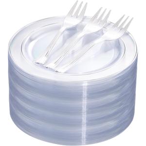 DaYammi 240Pcs Silver Dessert Plates Set Includes 120 Disposable Cake Plates 6.5" 120 Plastic Forks 5.7", Clear Silver Plastic plates, Fancy Appetizer plates for Party and Wedding Birthday