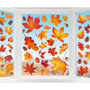 Whaline 9 Sheet Fall Maple Leaves Window Clings Pumpkin Double-Sided Window Decals for Fall Autumn Thanksgiving Harvest Home School Office Accessories Party Supplies Gifts Pack of 2