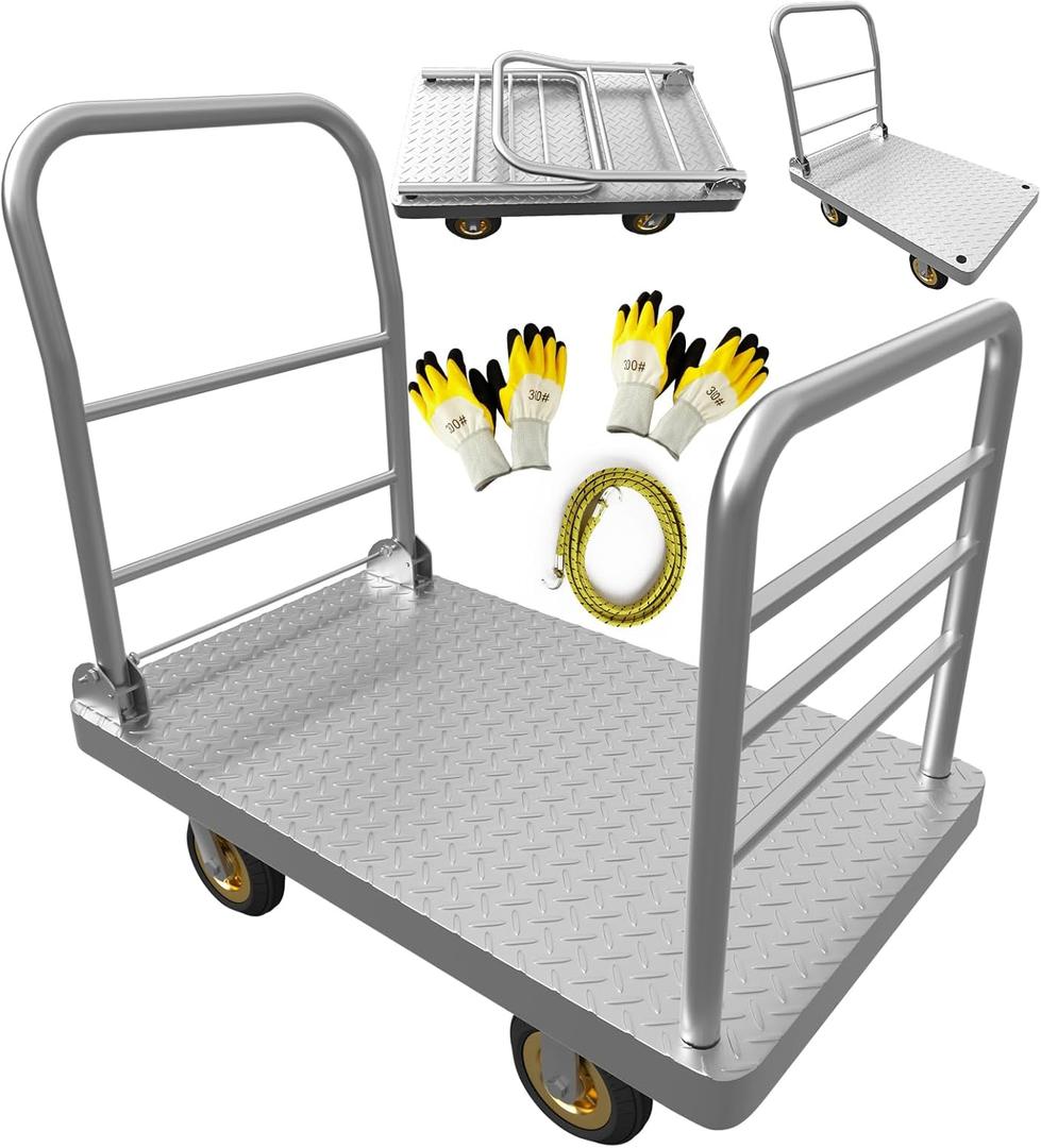 2IN1 48"24" Platform Truck Cart 2650lbs Heavy Duty Flatbed Cart Dolly w/Detachable Rear Guardrail and Swivel Casters, Push Cart, Work Gloves 2Pairs & 1 Bunge Cord Included
