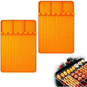 2 PCS Silicone Grill Mat Compatible with Blackstone, BBQ Griddle Tools Mat with Drip Pad, Spatula Mat for Outdoor Kitchen Counter, Gifts for Men (orange-2)