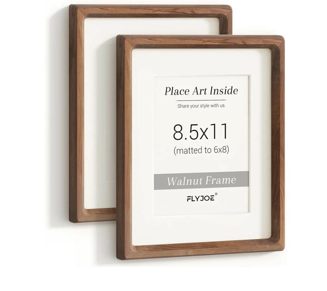 8.5 by 11 Picture Frame Set of 2, USA-Sourced Walnut Wood Photo Frame with Tempered Glass, Handcrafted Rounded Corner 8.5x11 Wooden Frame Matted to 6x8 Photos, Diploma Certificate Document Frame