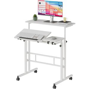 VECELO Mobile Small Standing Desk Adjustable Height, Computer Workstations with Tiltable Tabletop, Lockable Wheels, Portable Rolling Laptop Desk for Home Office, White, 3 Panel