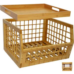 Bamboo Storage Bin - Multipurpose, Stackable Open Front Storage Bin with Bamboo Serving Tray Lid for Kitchen & Pantry - Stylish Lattice Design
