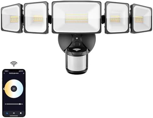 Onforu 55W Smart LED Security Lights Motion Sensor Outdoor 5 Heads, 340° Illumination WiFi Alexa Flood Light 5500LM APP Control, 2500K-6500K Exterior Motion Detector, IP65 Wall Light for Yard, Balck