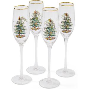 Spode Christmas Tree Gold 8.5oz Champagne Flutes (Set of 4) - Gold Rimmed Glasses, Festive Holiday Drinkware for Christmas Dinner, Wedding Gifts - Classic Holiday Glassware for Wine & Minosas