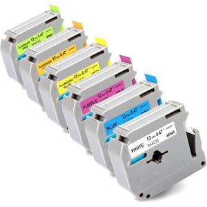 Labelwell 6-Pack Fluorescent Color Label Tape Replacement for Brother M 12mm 0.47 Tape Refills for P Touch PT-45 PT-65 PT-70 PT-80 PT-M95, Black on White/Blue/Purple+Fluorescent Yellow/Orange/Green