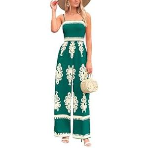 PRETTYGARDEN Women's Summer Boho Jumpsuits One Piece Beach Vacation Outfits Spaghetti Strap Wide Leg Pants Rompers (Dark Green, Small)