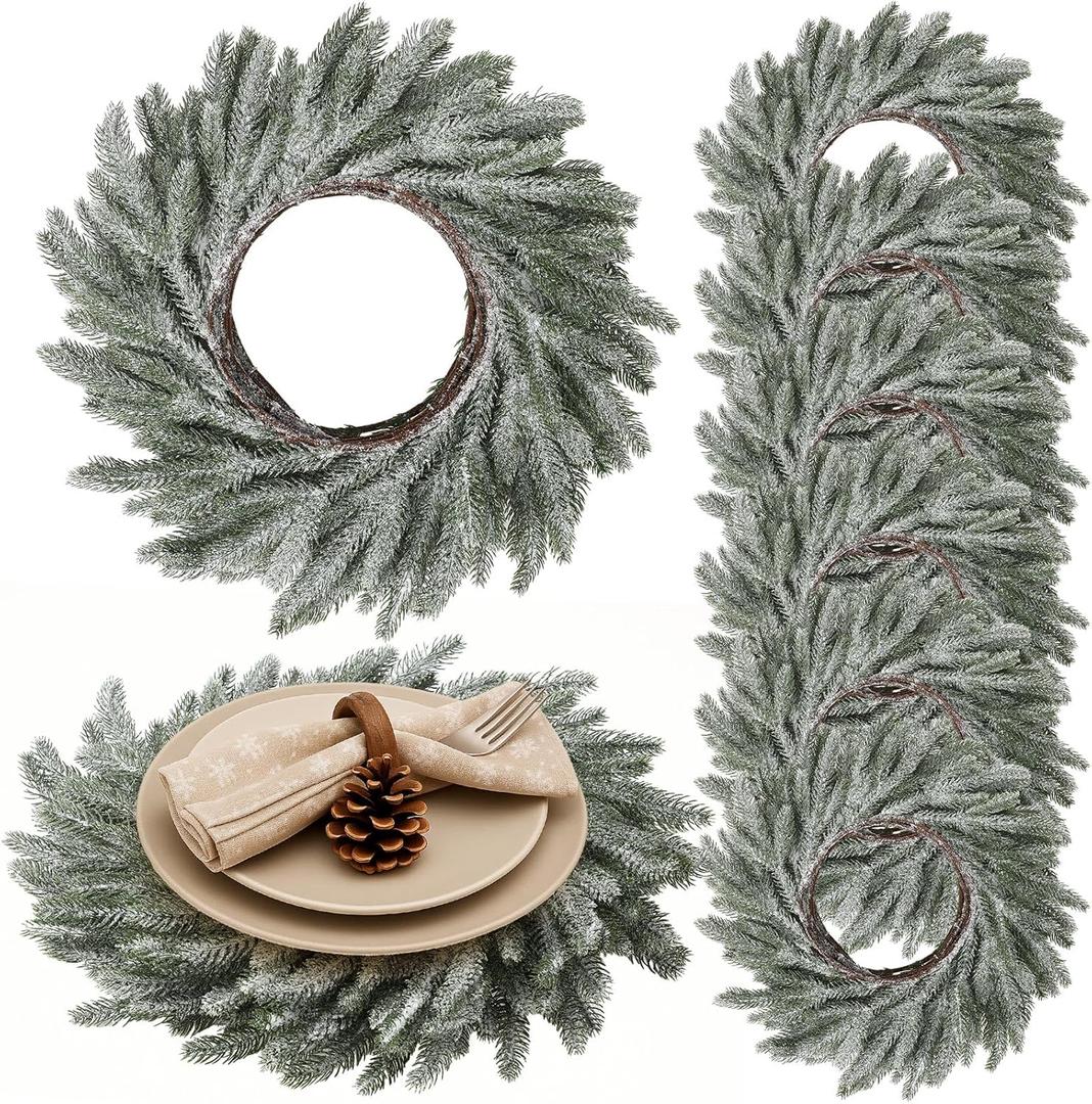 Christmas Placemats Set of 6 Round Greenery Place Mats Xmas Circular Artificial Wreath Dining Table Decor Winter Fake Plants Branches Mats for Kitchen Accessories (Norfolk and Powder Snow)