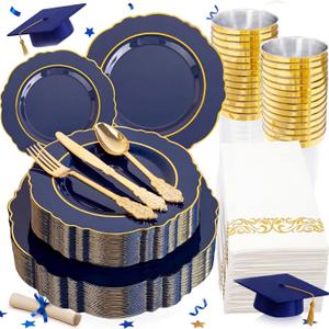 KIRE 210Pcs Navy Blue Plastic Plates - Blue and Gold Plates Disposable - 30guest Baroque Plastic Dinnerware for Upscale Wedding/Parties/Passover/Graduation