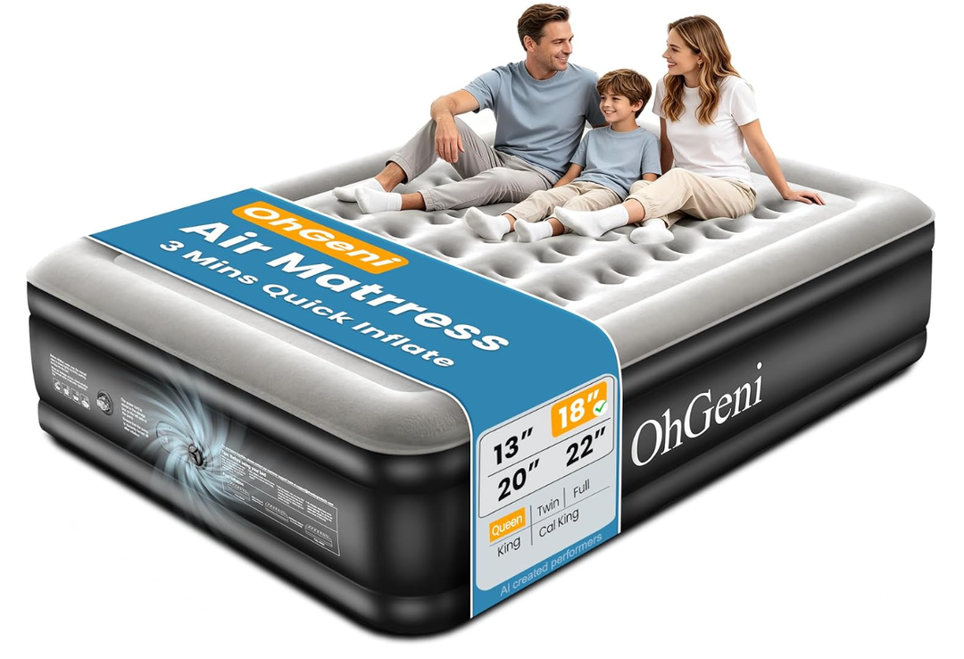 OhGeni Air Mattress Queen with Built in Pump, 18" Raised Blow up Bed, 800lb