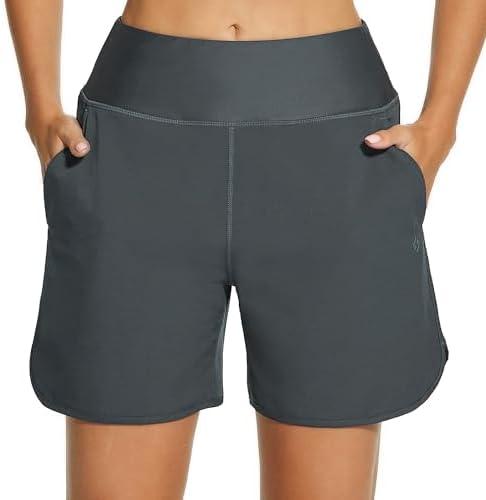 HODOSPORTS Women's 5'' High Waisted Swim Board Shorts with Pockets Liner Quick Dry Swimsuit Bottoms Trunks Small, Dark Gray 