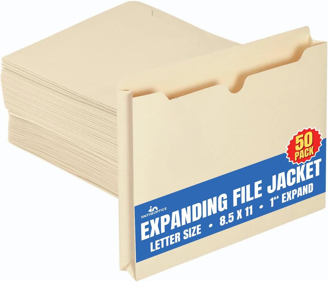 1 InThe Office File Jacket Folders, Manila, Letter Size, Reinforced Straight-Cut Tab, 1" Expansion, 50 Pack