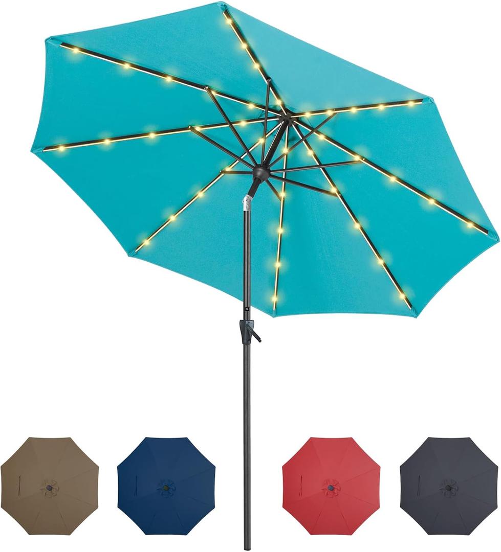 Tempera 10ft Patio Solar Powered LED Lighted Market Outdoor Table Umbrella with Push Button Tilt and Crank, with Sturdy Pole&Fade resistant canopy,Easy to set, Turquoise