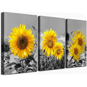 USIXA Sunflower Wall Art for Living Room Black White Flowers Wall Decor Yellow Floral Canvas Prints Painting Wood Frame with Hook Decorative Botanical Blossom Picture Artwork in 3 Panels 1216 Inches