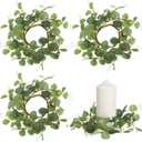 DOITOOL Easter Eucalyptus Candle Rings, 4Pcs Artificial Greenery Wreaths for Pillar Candles, Small Faux Silk Leaves Wreath with White Berries, Spring Easter Table Centerpiece Decor for Farmhouse Windo