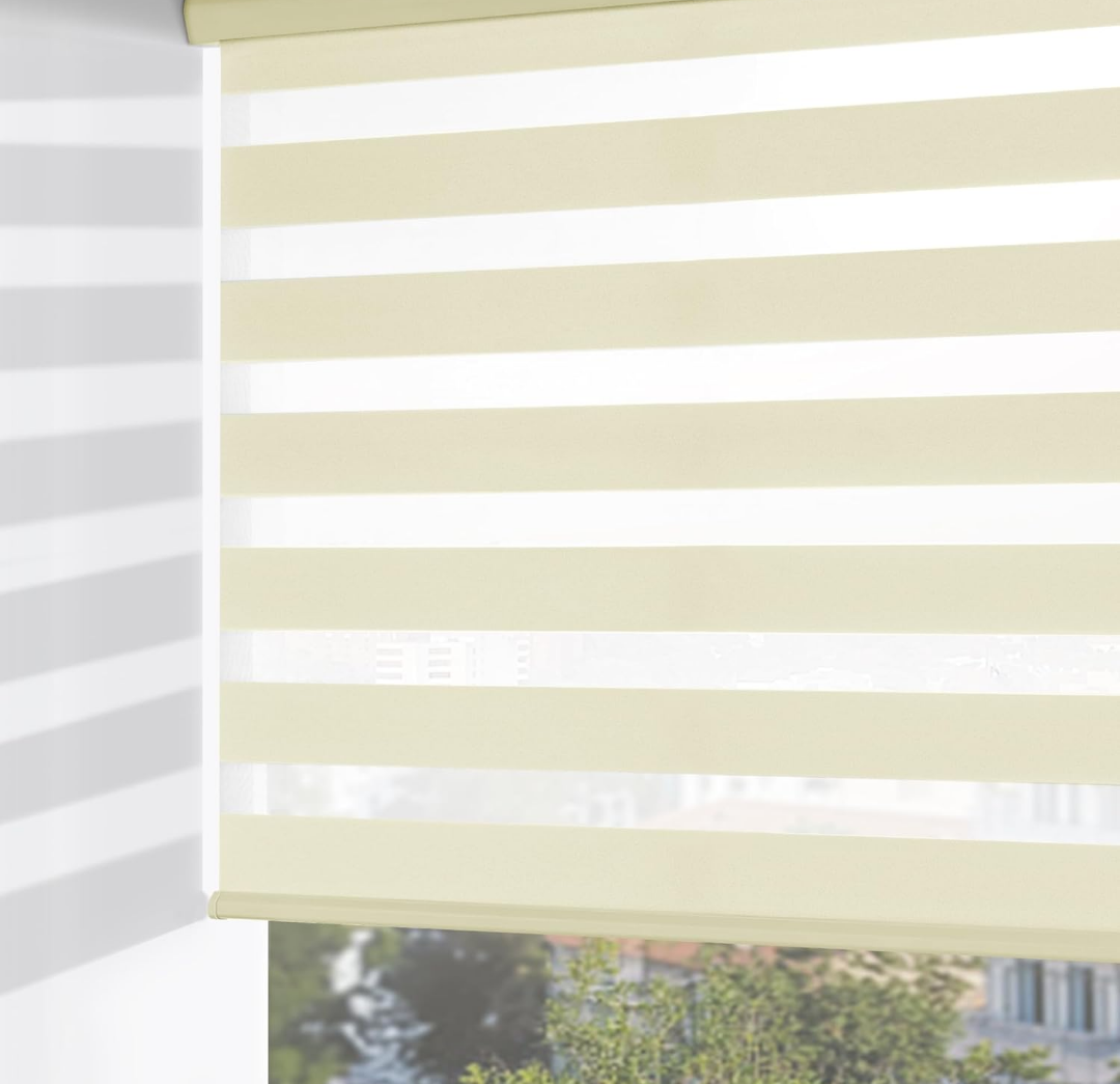 ChrisDowa Cordless Zebra Blinds for Windows, Dual Layer Free-Stop Light Filtering Window Roller Shades, Pull Down Privacy Zebra Shades for Home, Office, Bedroom, Door (37" W x 72" H, Beige)