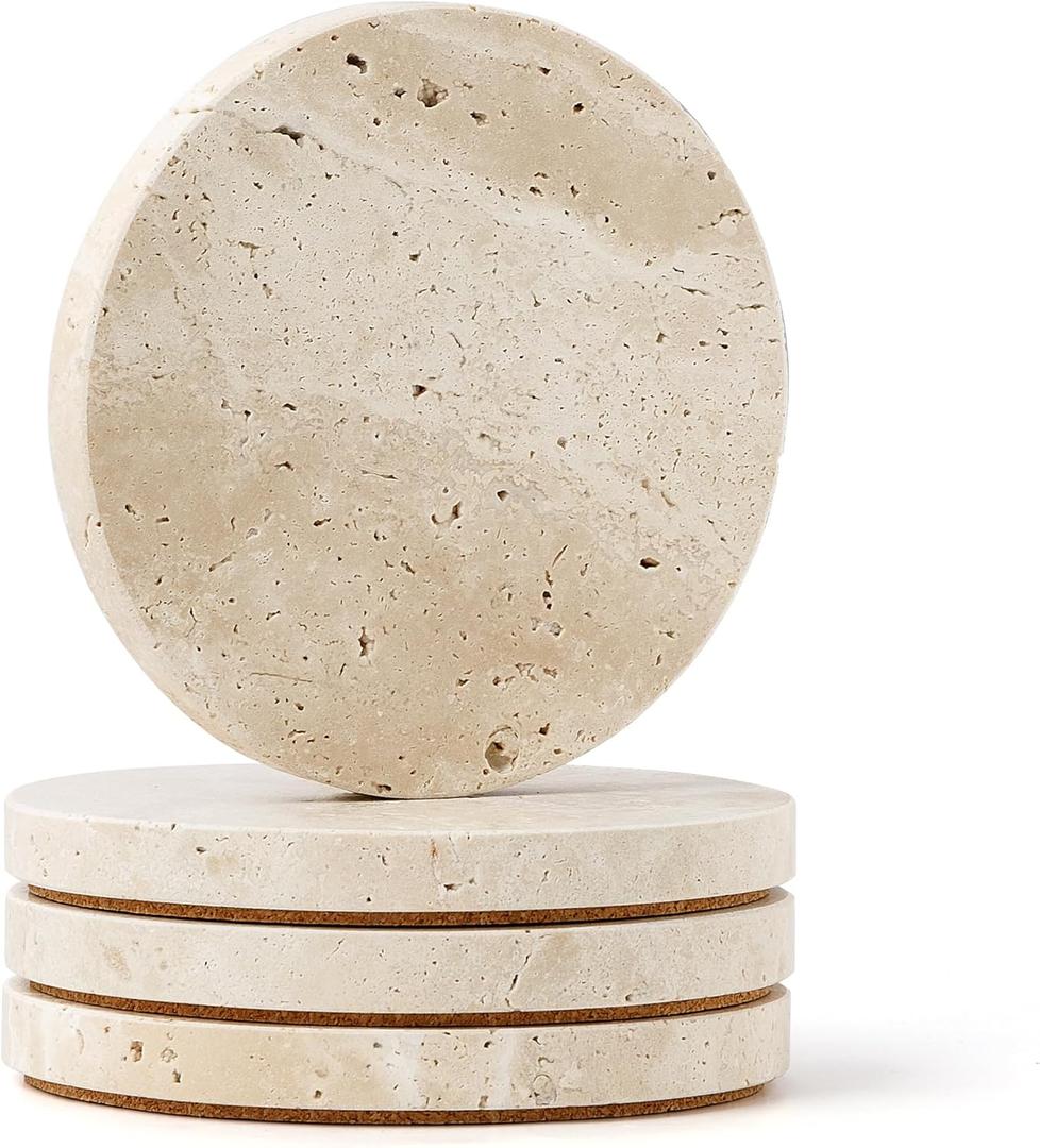 WORHE Natural Travertine Marble Coasters Set of 4-4" Round Stone Drink Coasters, Non-Slip Cork Backing, Housewarming Gift, Wedding, Protect Tables from Stains & Scratches (BD140) (Beige)