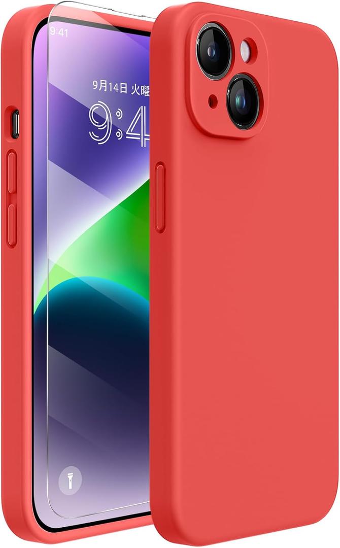 Miracase Designed for iPhone 14 Case with Screen Protector,[Upgraded Enhanced Camera Protection],Shockproof Liquid Silicone Case with Microfiber Lining, 6.1 inch, Coral Red