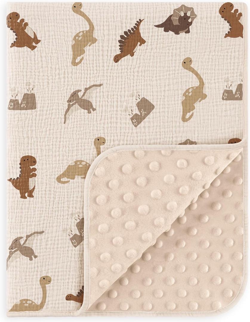 Susurration Baby Blanket for Unisex Boys Girls, Soft Nursery Minky Blanket with Muslin Cotton Front and Dotted Fleece Back, Receiving Blanket for Baby Newborn Infant, 30x40inch (Dinosaur)