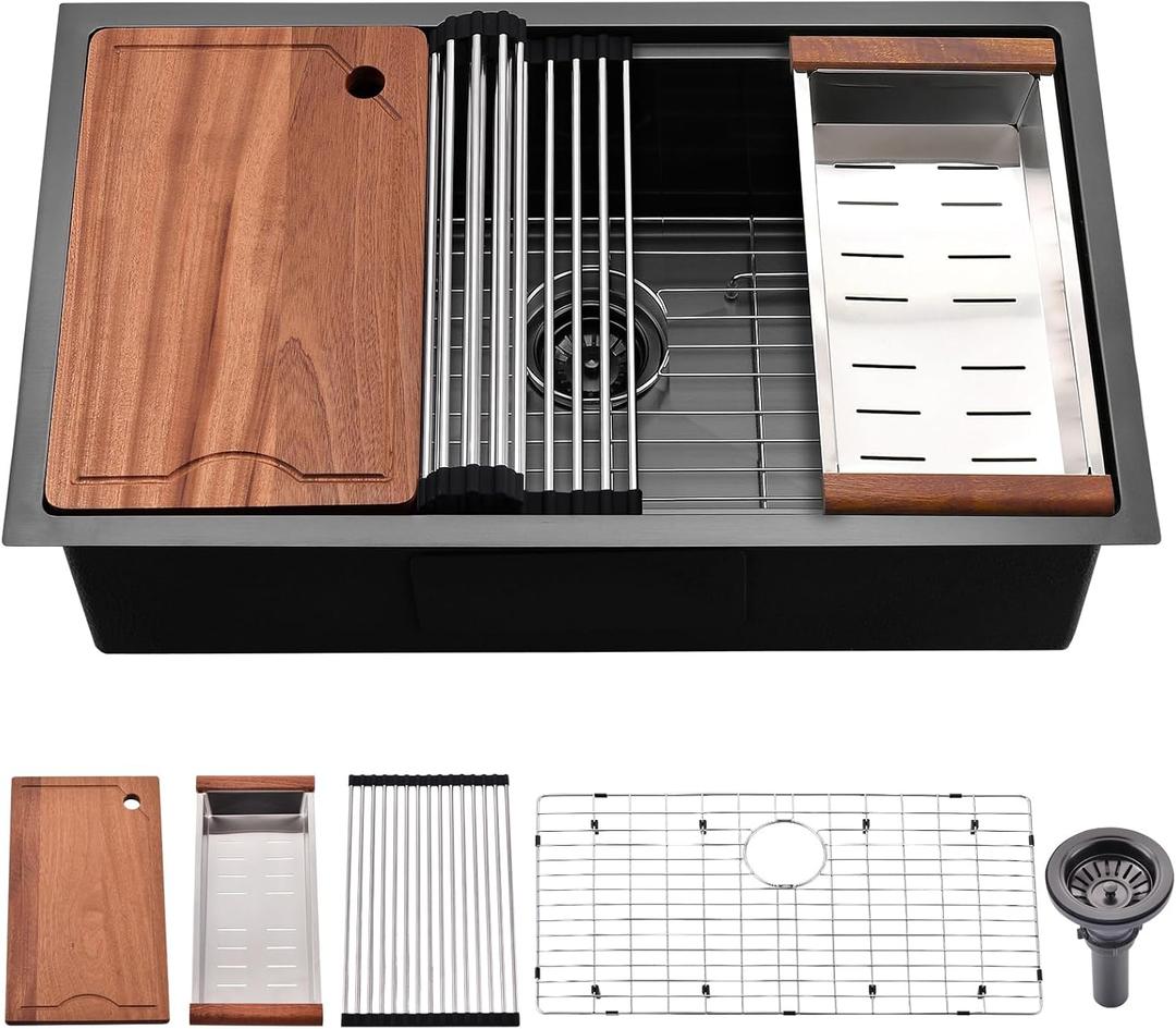 32 Inch Undermount Kitchen Sink Black - 16 Gauge Black Satainless Steel Kitchen Sink Undermount 32x19,10 Inch Deep Single Bowl Workstation Sinks with Accessories