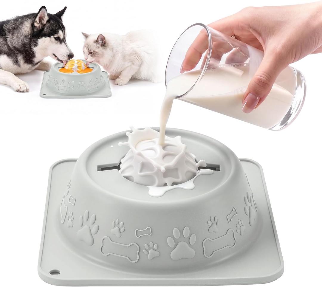 Slow Feeder Dog Bowls, Anti-Slip Dog Lick Bowl with Interactive Rolling Ball, Anxiety Relief Liquid Treat Feeder, Bone Broth Yogurt Licking Toy for Small Medium Large Dogs and Cats (Gray)