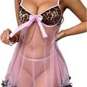 OYOANGLE Women's Leopard Print Sheer Ruffle Lingerie Dress Split Backless Strap Chemise Nightgowns Babydoll Sleepwear (Pink, M)