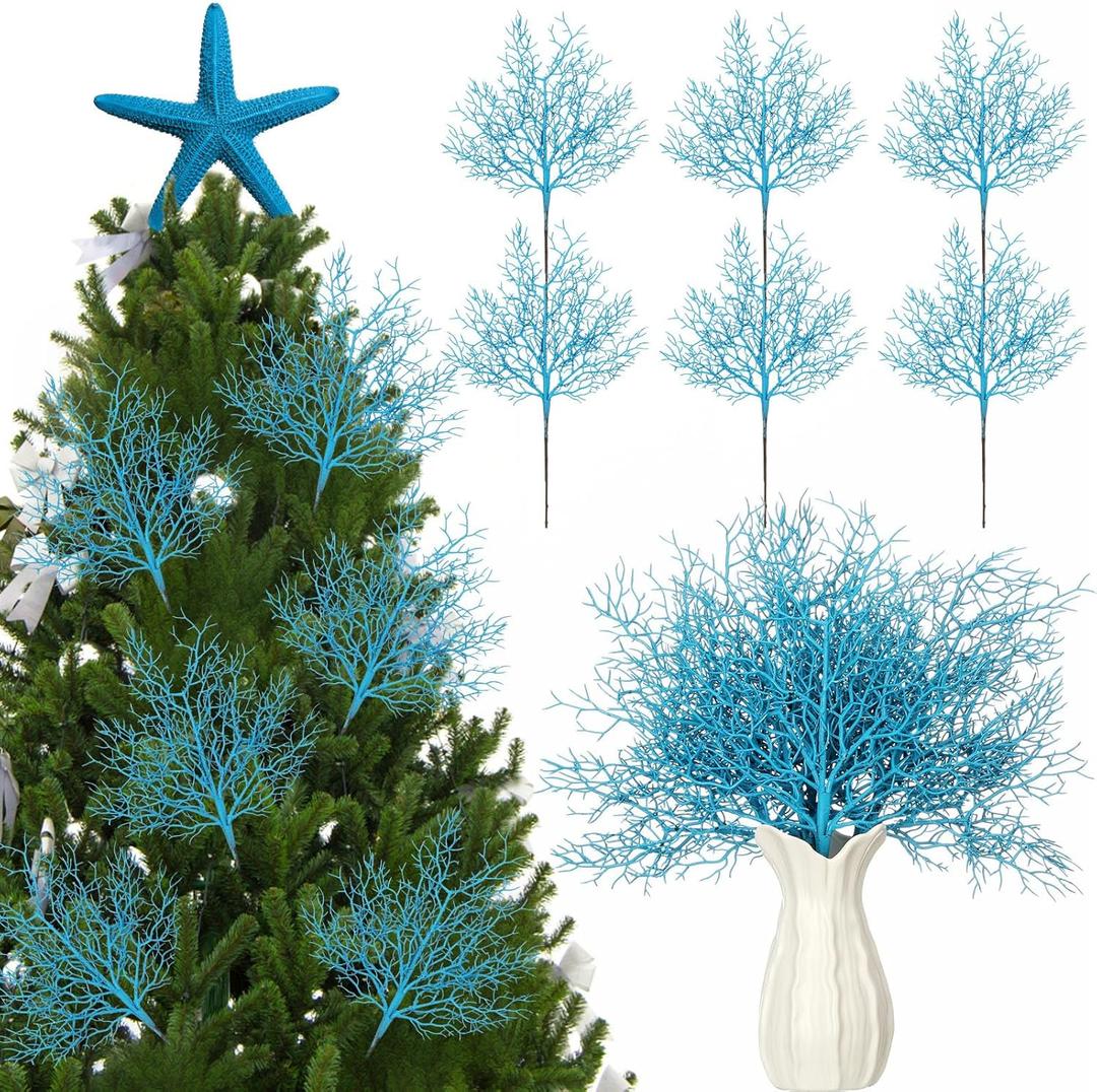 Giegxin 6 Pcs Blue Coastal Ornaments for Christmas Tree Pick 16.9 Inch Coral Coastal Ocean Branch Picks Xmas Artificial Flowers Tree Filler Twigs for Wreath Vase Gift Display