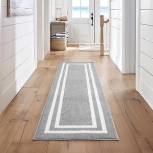 Nautica  Runner Rug | Indoor Runners for Hallways and Entry Rugs| Non-Slip and Non-Skid Entry and Kitchen Door Mat| Machine Washable Entryway Carpet Rugs | 2'6" x 10' | Double Border Light Grey
