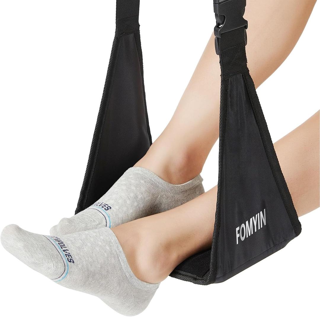Airplane Footrest with No Feet Clashing Support Design, Portable Travel Foot Hammock, Memory Foam Plane Foot Rest to Relieve Feet Soreness - Long Flights Essentials (All-black)