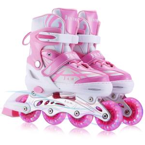Adjustable Inline Skates for Girls Boys Beginners, Kids Roller Skates with All Illuminating Wheels (Medium-Big Kids(1-4 US), Pink)