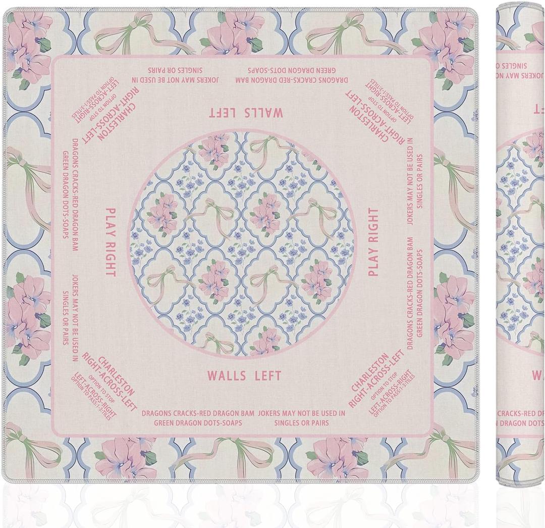 Cquwb Coquette Pink and Blue Floral Mahjong Mat 31.5"x31.5", Grandmillennial Cottagecore Flower Non-Slip Noise Reduction Gaming Mat for American Mahjong Poker Card Board Games Dominoes