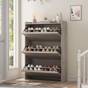GarveeHome Shoe Cabinet with 3 Flip Drawers, Wooden Shoe Organizer Cabinet with Adjustable Shelf, Shoe Storage for Entryway, Hidden Shoe Cabinet for Hallway, Living Room, Grey