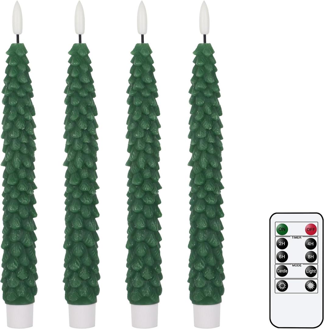 GenSwin Christmas Tree Flameless Taper Candles Flickering with Remote Timer, Real Wax LED Battery Operated Candles Warm 3D Wick Christmas Home Wedding Decor(Green, 0.78 X 9.64 Inch)