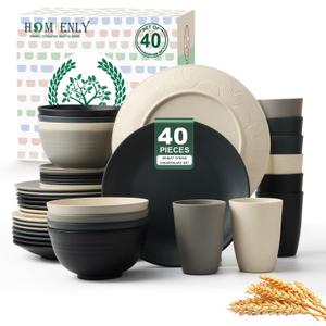 Homienly Kitchen Wheat Straw Dinnerware Set 40 PCS - Dinner Plates, Cereal Bowls, Wheat Straw Cups Set, Microwave and Dishwasher Safe Dishes Set, Unbreakable Dish Set for Party, Outdoor(Grey Stone)