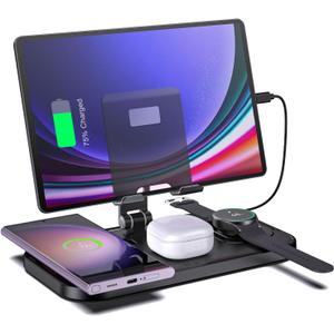 Wireless Charger for Samsung, 4 in 1 Charging Station for Samsung, Foldable Charging Stand for Galaxy S25 Ultra/S24/S23/S22/Note 20/Fold6/Flip6/Galaxy Watch 7/6/5Pro/4/3/Galaxy Buds/Android/Tablet