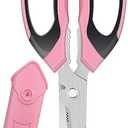 FTECYBO Heavy Duty 8'' Multipurpose Scissors with Protective Cover, Stainless Steel Serrated Blades, Easy Cutting Cardboard, Leather, Fabric, Wires (PINK)