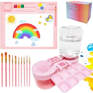 Painting Station, Paint Brush Cleaner (Upgraded) and Silicone Painting Mat 20"X16" with 10 Paint Brushes, Leak Proof Paint Brush Rinser, Gift for Adults Artist Beginners (Pink)