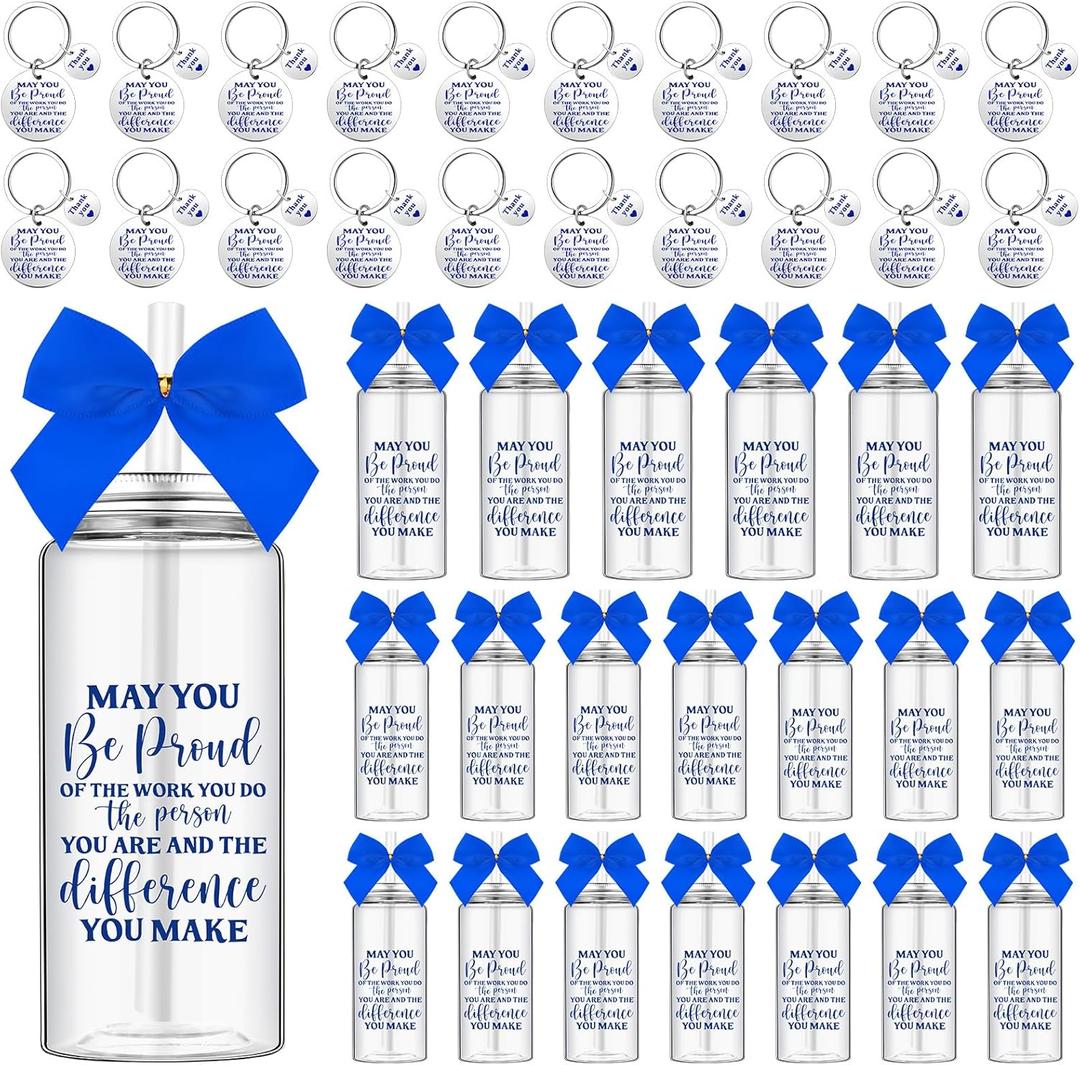 Skylety 20 Set Employee Appreciation Gifts Bulk with Blue Bow 20 13.5 oz Skinny May You Be Proud Plastic Cup with Lid Straw 20 Inspirational Keychain Birthday Gift for Men Women Coworker