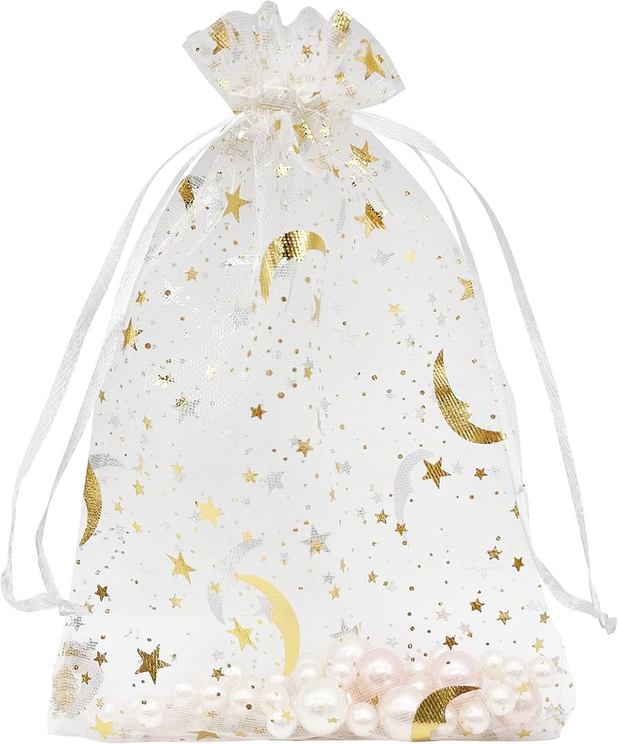 Jexila 100 Pcs Moon Star Organza Mesh Drawstring Jewelry Gift Bags - 5''X7'' White - For Baby Shower, Wedding Party Favors or Candy Bags